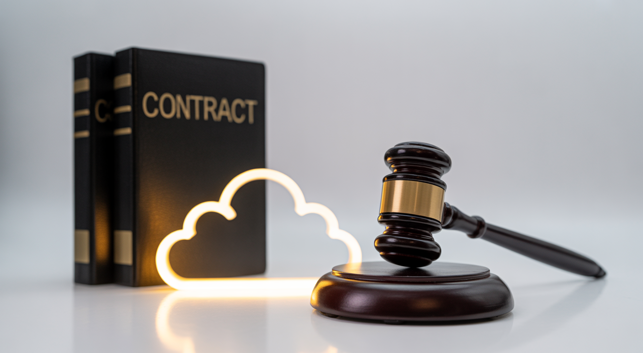 Hero image of a gavel and legal documents protecting a digital cloud, symbolizing SaaS contract legal protection