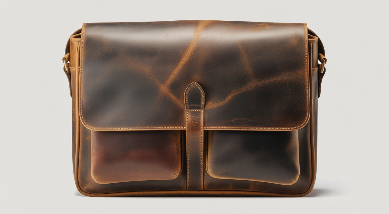 Classic vintage leather messenger bag displaying unique patina