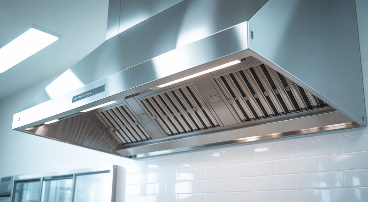 Shiny stainless steel commercial kitchen exhaust hood reflecting a clean kitchen environment, symbolizing restaurant safety and NFPA 96 compliance.
