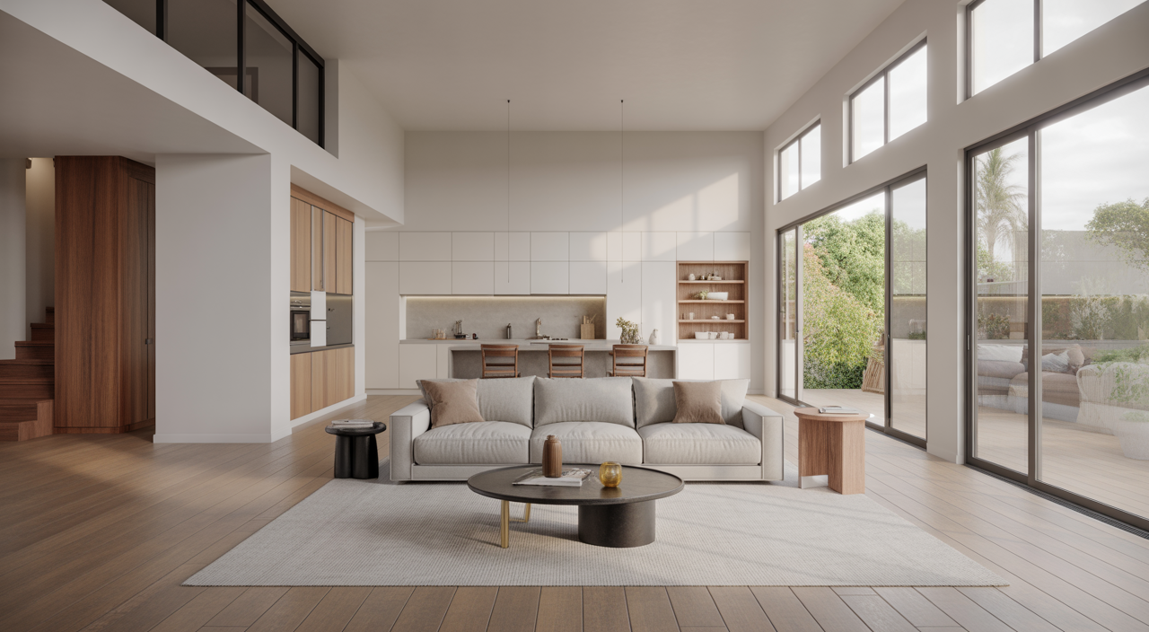 Modern open-concept living room with kitchen view, showcasing a beautifully remodeled Illinois home interior.