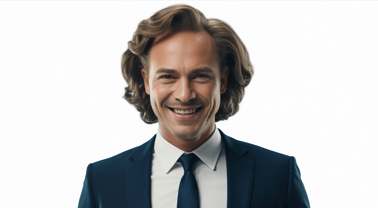 Confident middle-aged man with natural full hairline smiling, representing successful hair transplant results