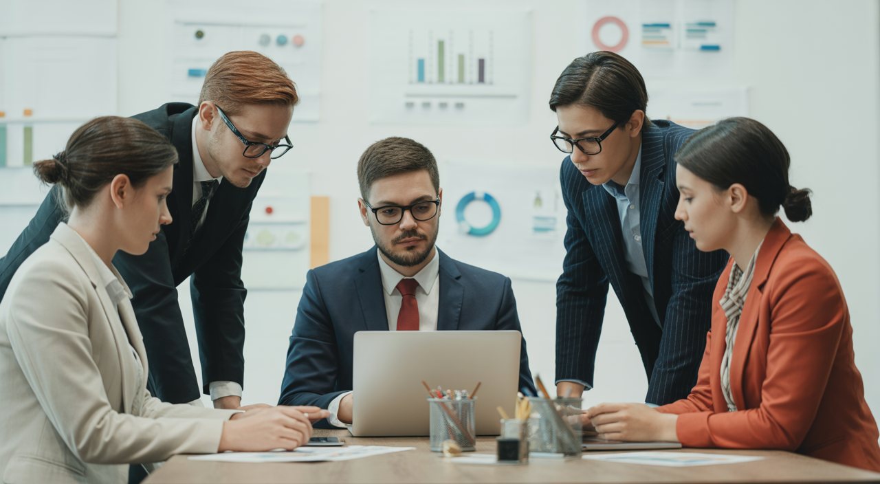 Hero image showing a professional digital marketing team collaborating around a laptop in a bright office setting