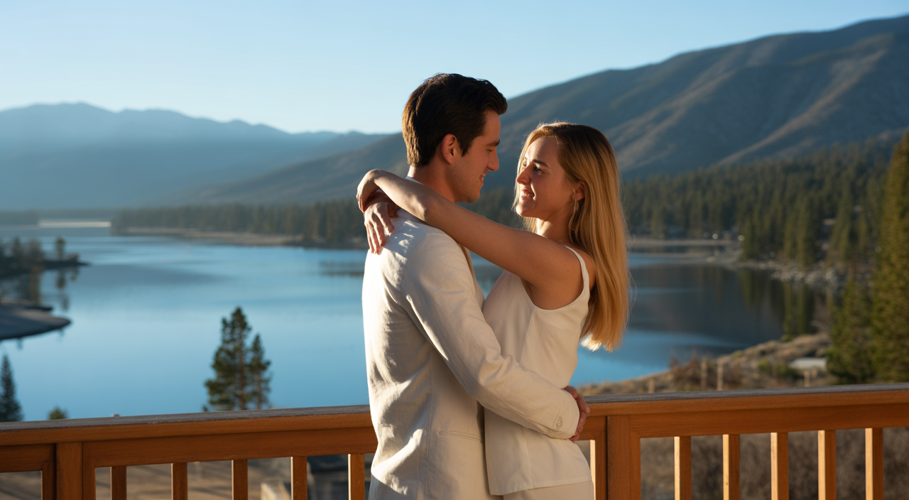 Romantic couple embracing on a lodge balcony overlooking Big Bear Lake