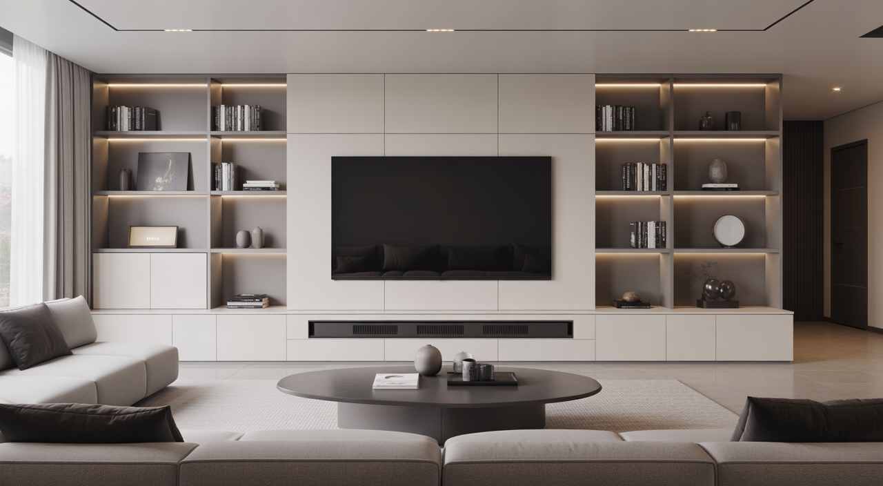 Modern luxury media wall with integrated TV, shelves, and LED lighting in a stylish living room setting