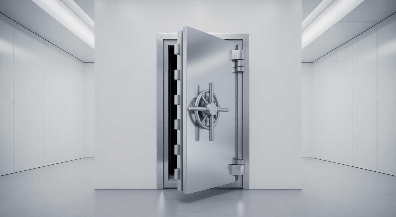 Modern residential safe room interior with a secure, heavy-duty door as the central focus.