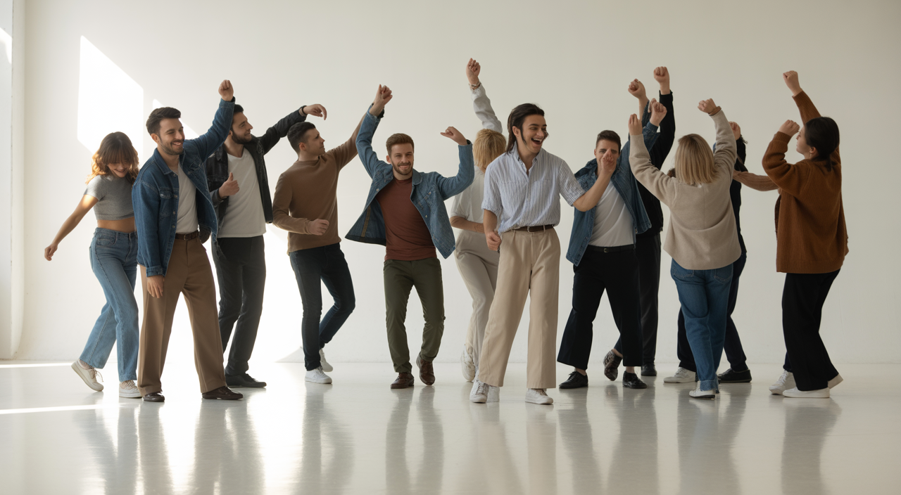 Diverse group dancing together joyfully in bright studio representing community and inclusion
