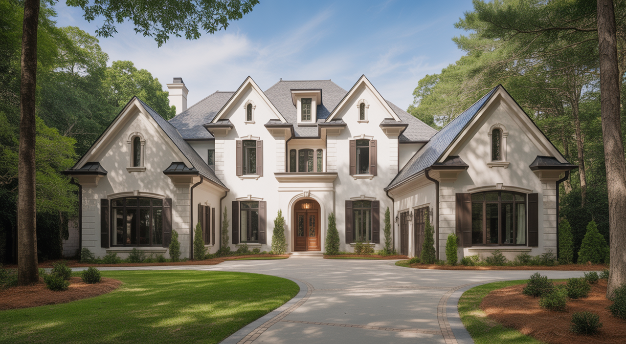 Luxury upscale home exterior in Atlanta showcasing elegant architecture and pristine maintenance in bright natural light