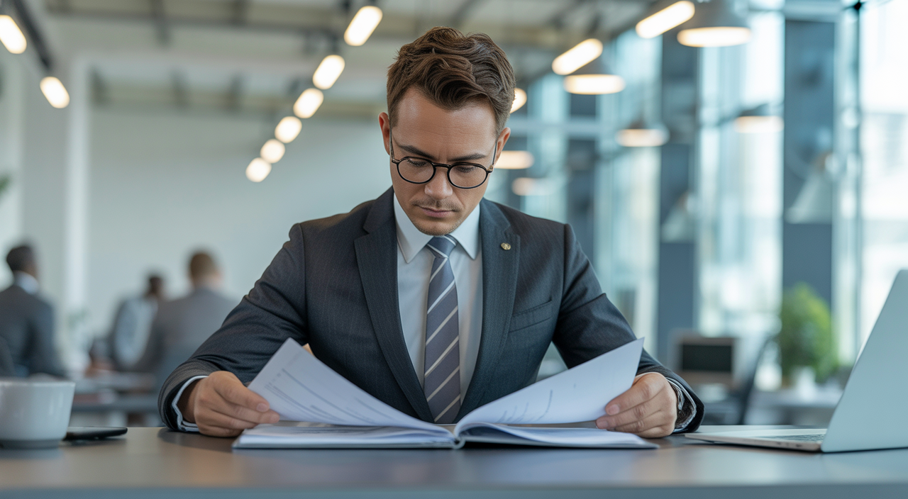 Business professional reviewing SaaS contract documents in a modern office with clean background