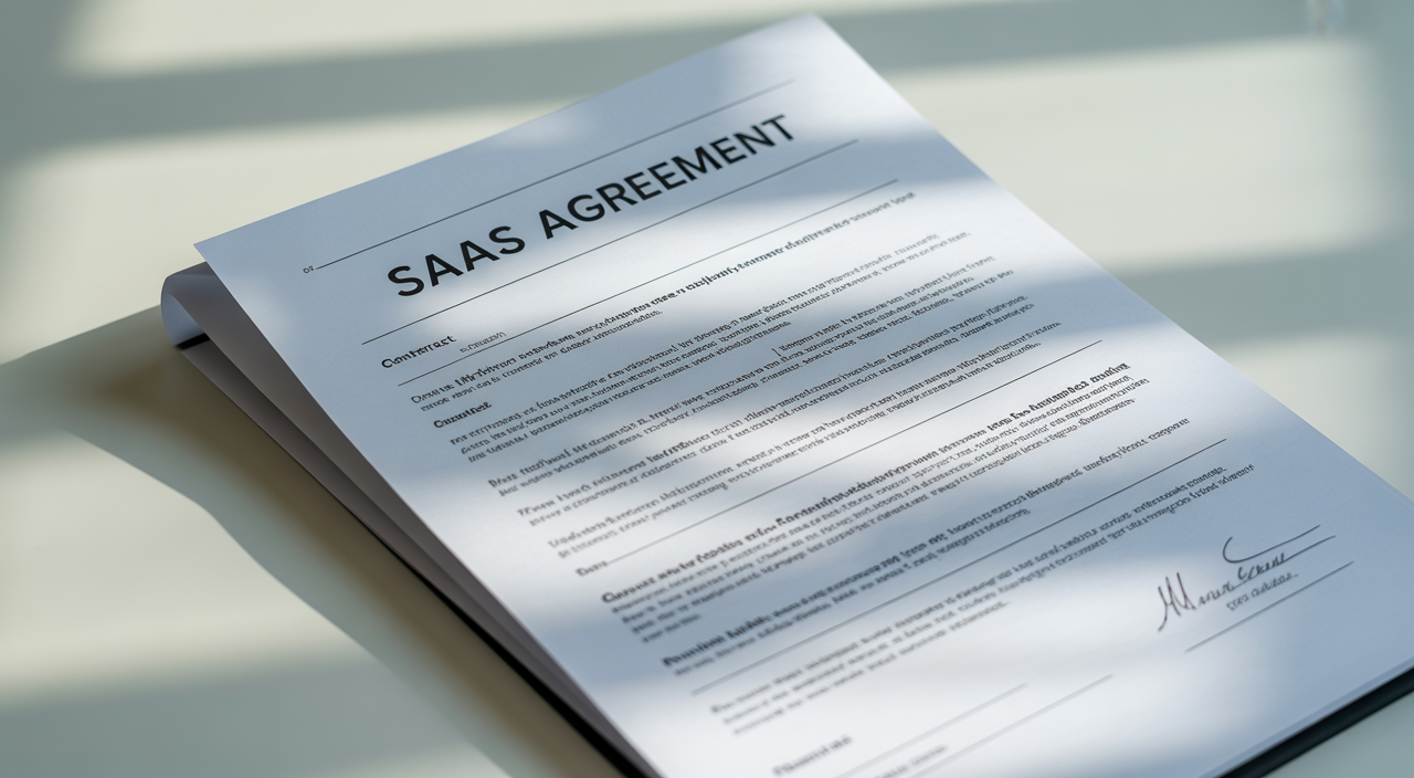 SaaS contracts lawyer reviewing software agreement terms with a startup founder