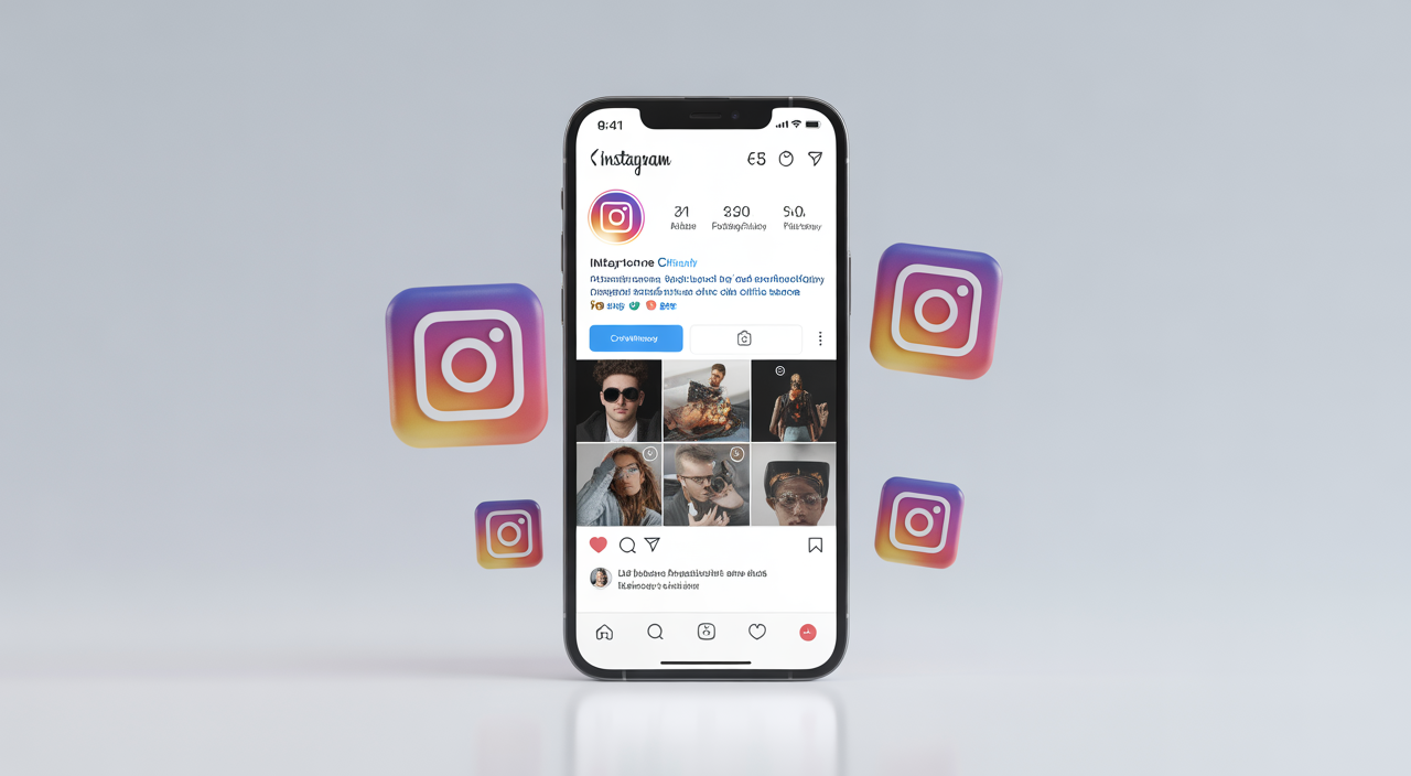 Hero image showing a smartphone with an Instagram profile featuring increasing followers and engagement icons on a clean white background