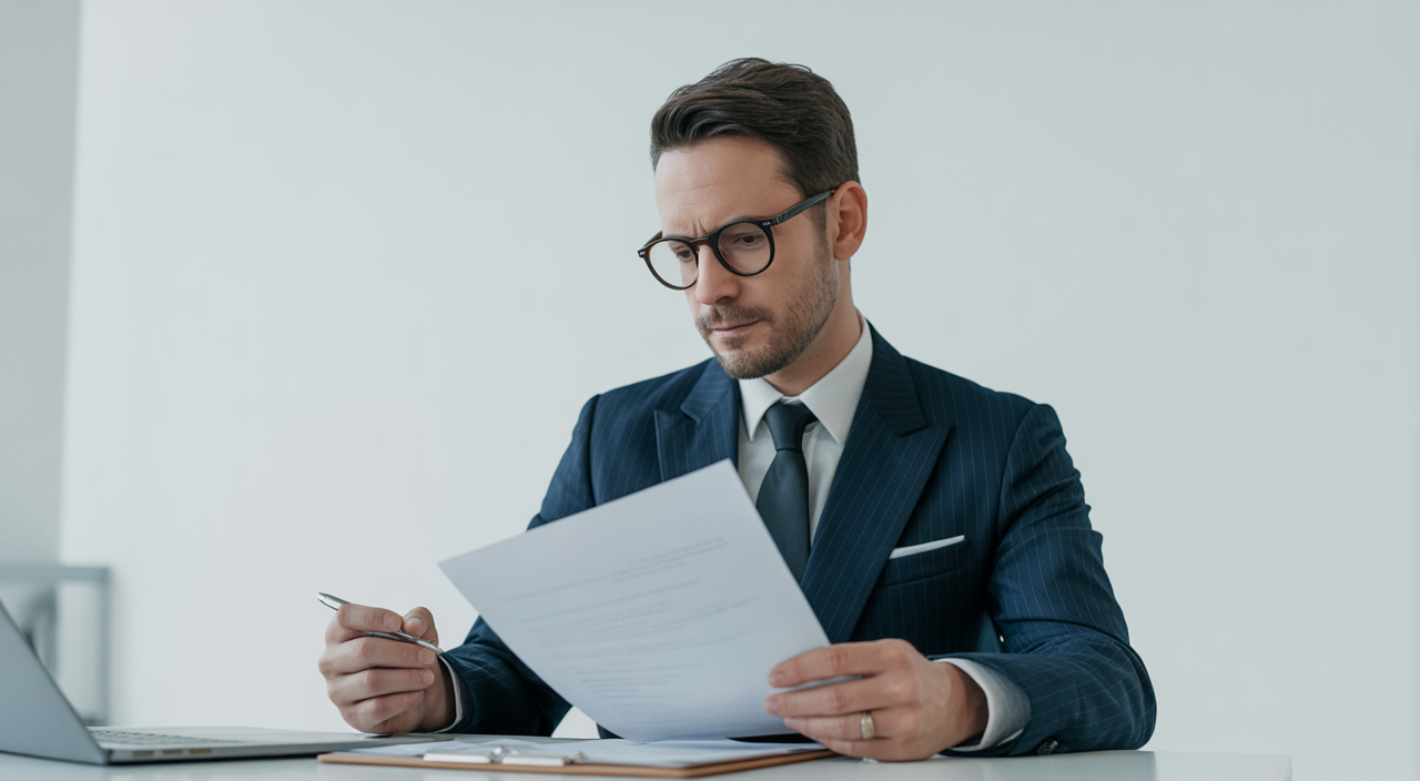 Confident business professional reviewing legal documents on securities class action in modern office environment