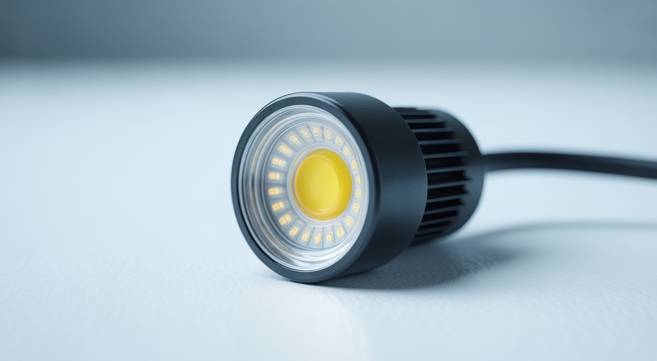 Photorealistic image of a glowing miniature LED light on a white background for hobby electronics lighting projects