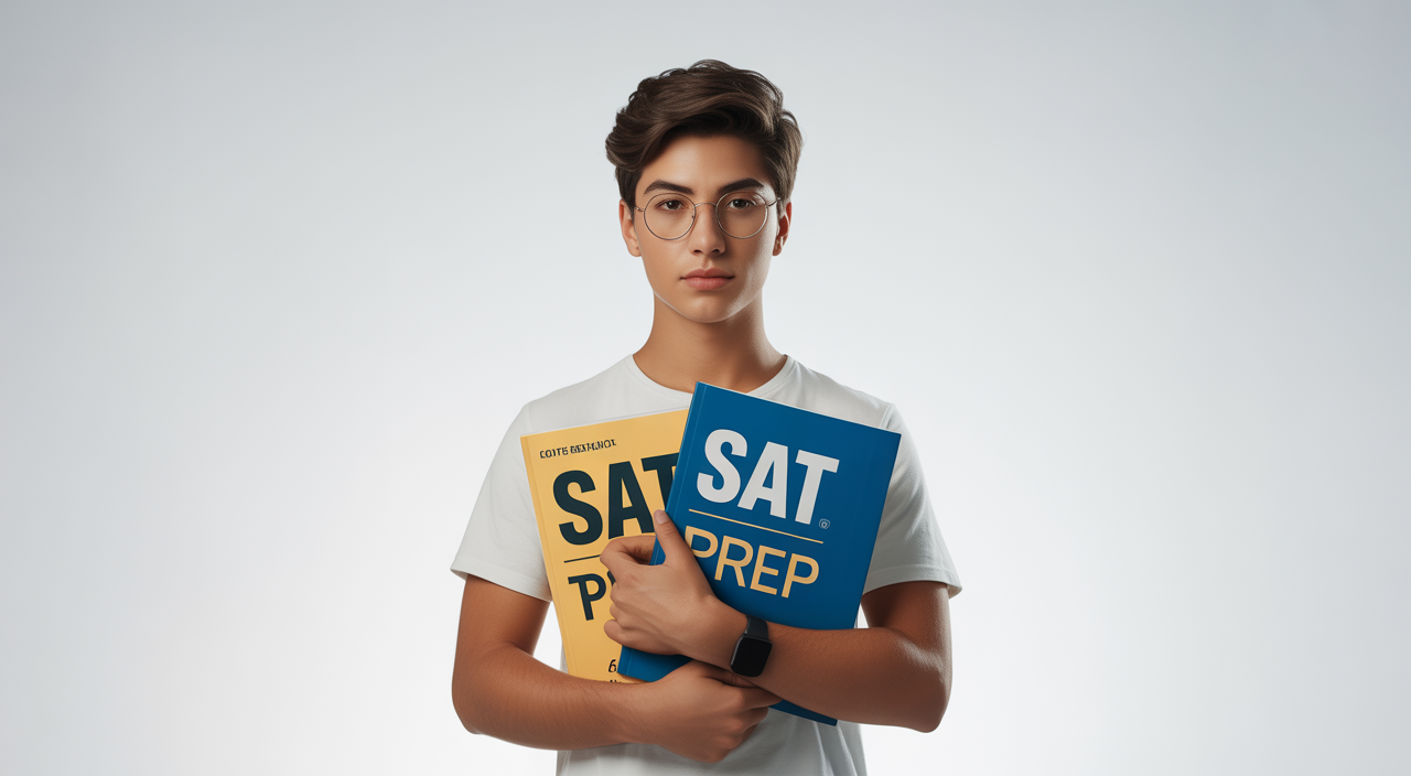 Photo of a confident student holding SAT and ACT prep books against a white background