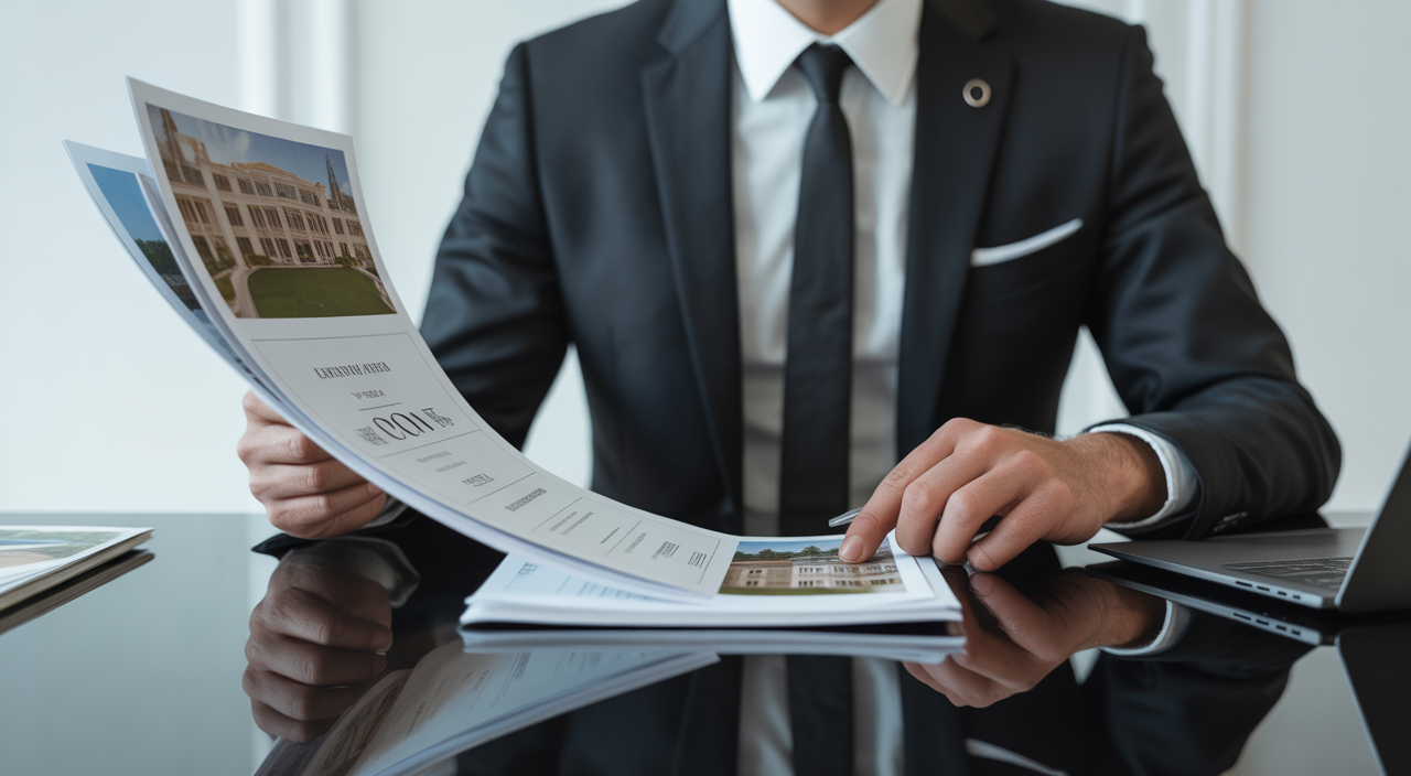 Professional luxury real estate broker reviewing high-end property listings in a modern office with elegant documents